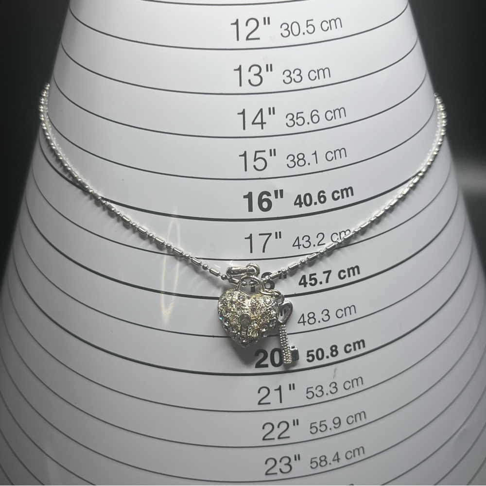 Silver tone heart lock and key necklace crystal pave pendant charm necklace - Picture 6 of 8